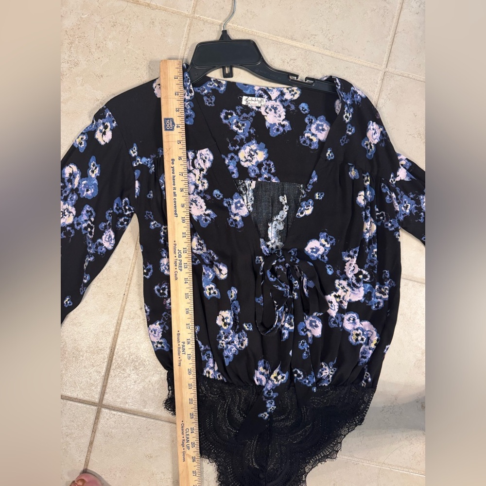 Free People Black Blue Floral V-Neck Tie Long Sleeve Bodysuit‎ Womens, Small - Picture 11 of 16
